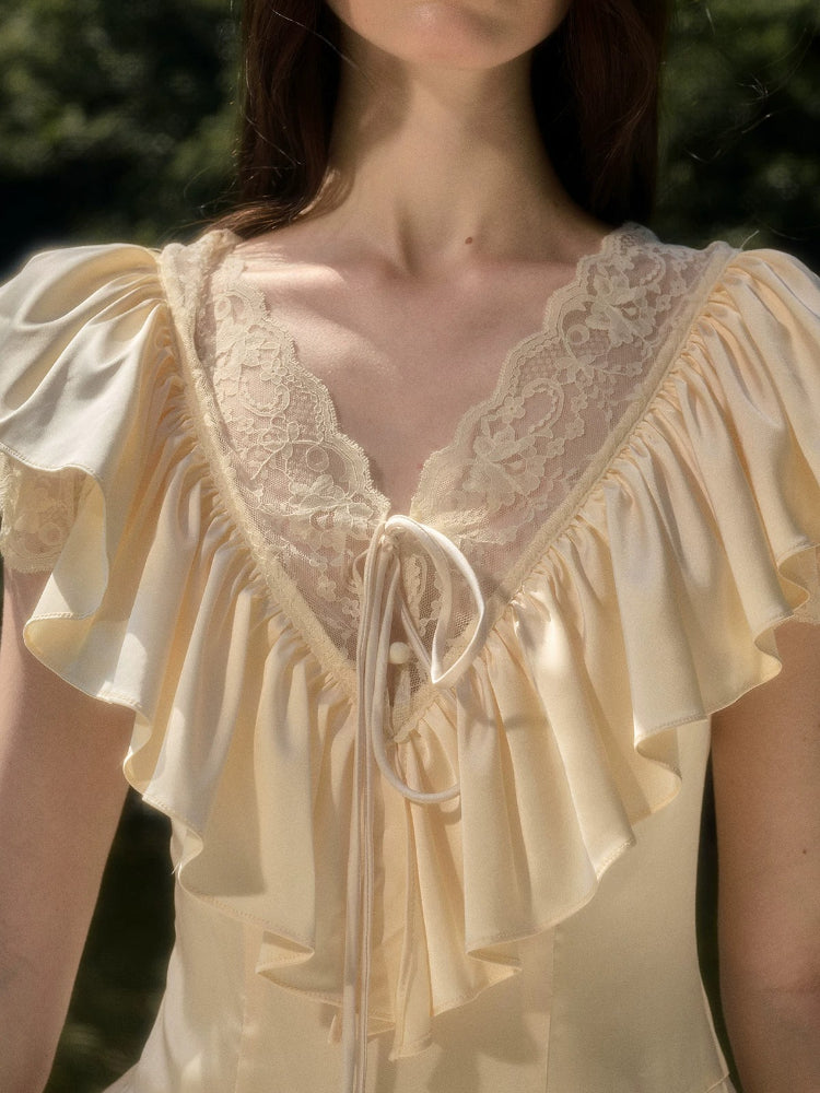 Apricot & Blue Lace V-Neck Dress