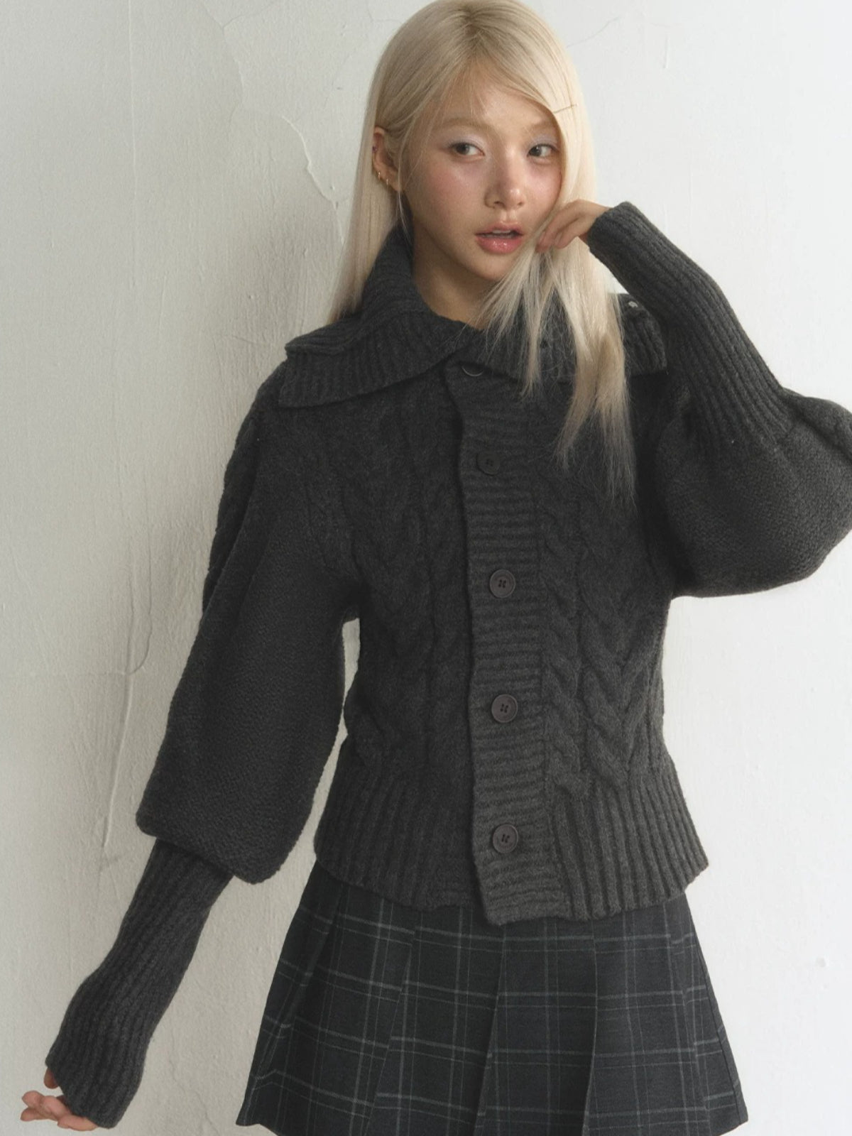 Vintage Oversized Collar Cable-Knit Cardigan