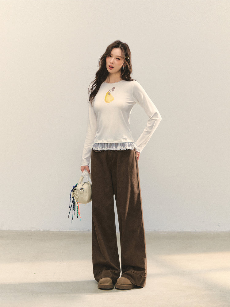 Fruit Print Lace-spliced T-Shirt