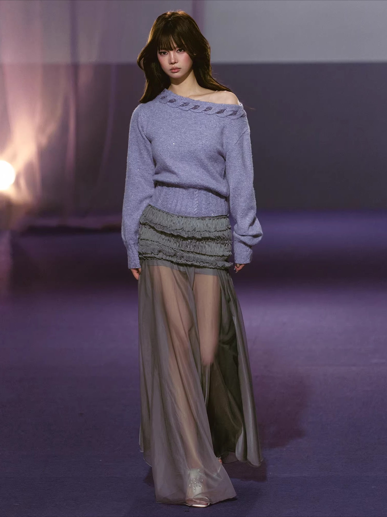 Pleated Mesh Maxi Skirt