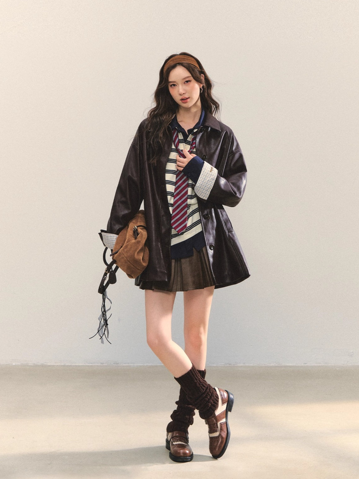 Brown A-Line Belted Pleated PU Leather Skirt