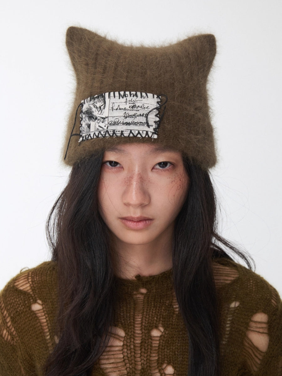 Knitted Cat-Ear Beanie with Hand-Stitched Label