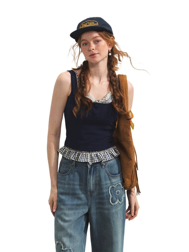 Plaid Halter Fake Two-Piece Inner Vest