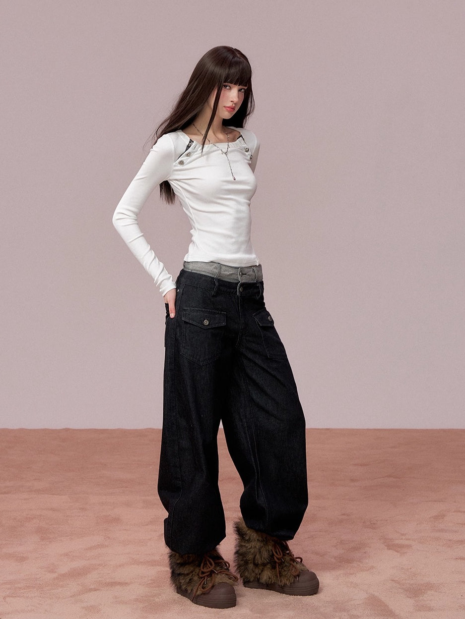 Rose Button Detail Fitted Long Sleeve Top