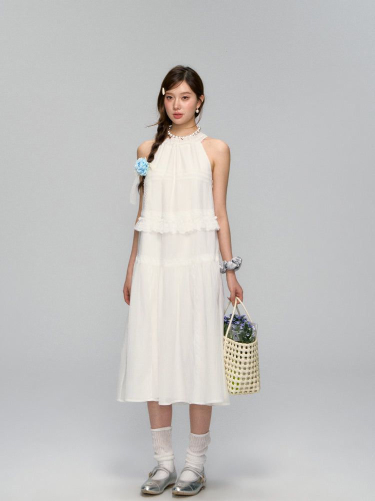 Halter Off-shoulder Lace-trimmed Dress