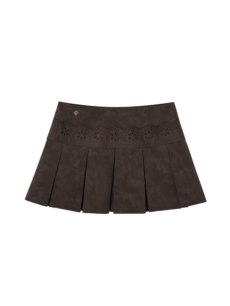 Lace-Trimmed Velvet Pleated Faux Leather Mini Skirt