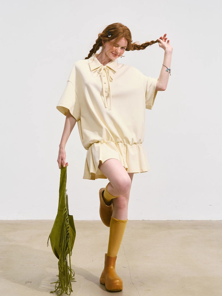 Bowknot Pleated Short-sleeved Dress