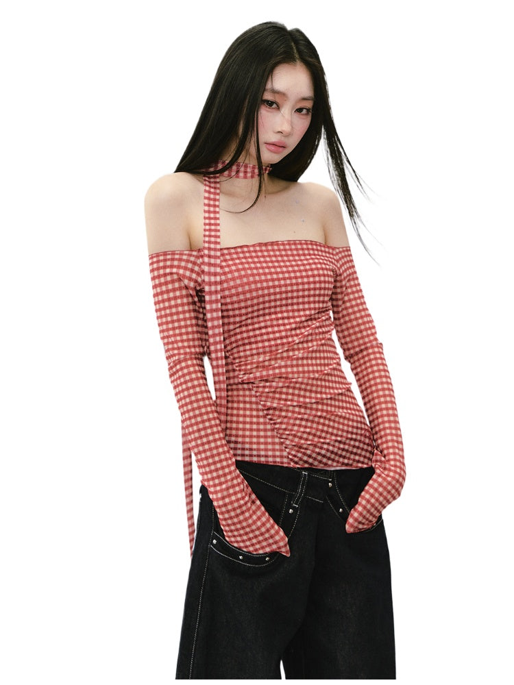 Plaid Mesh Ribbon Sunshade Long Sleeve T-shirt
