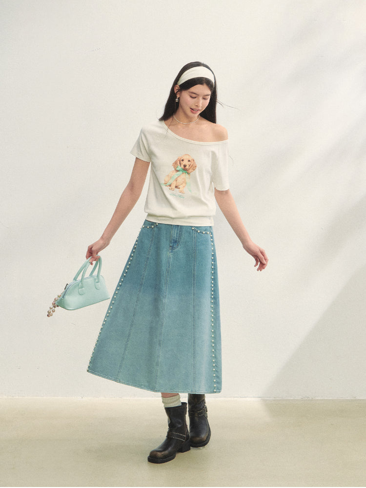 Asymmetric Shoulder Bow Puppy Printed T-Shirt