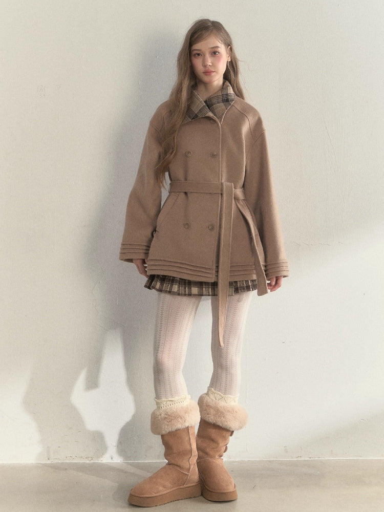 Plaid-Collar Double-Breasted Wool Coat