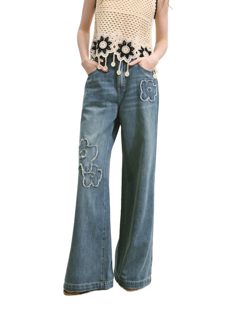 Raw-edge Flower-Patch Straight-leg Jeans