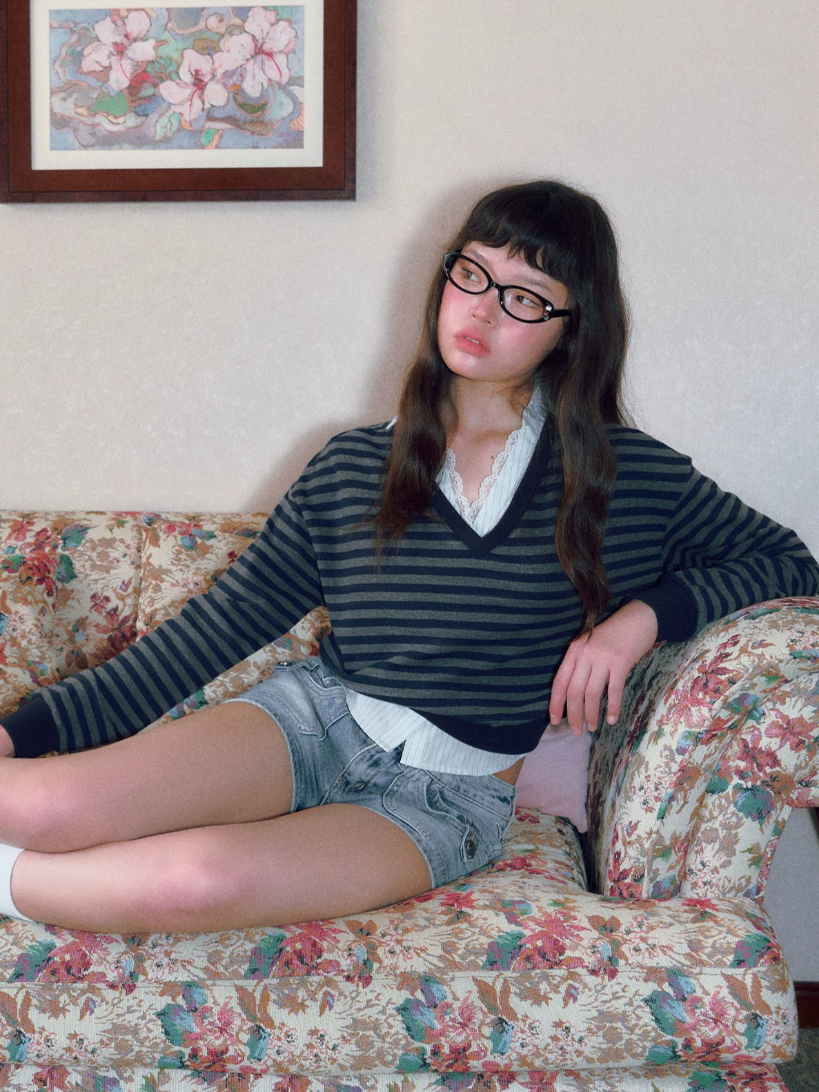 Lace V-Neck Striped Shirt