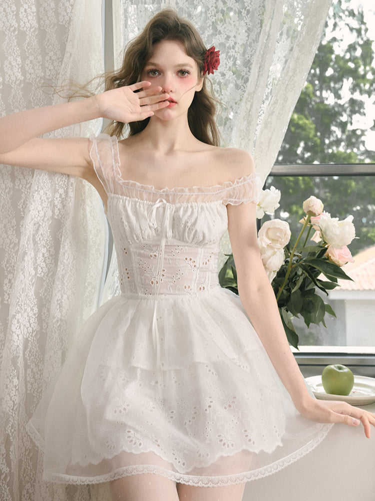 White Embroidered Puff Dress