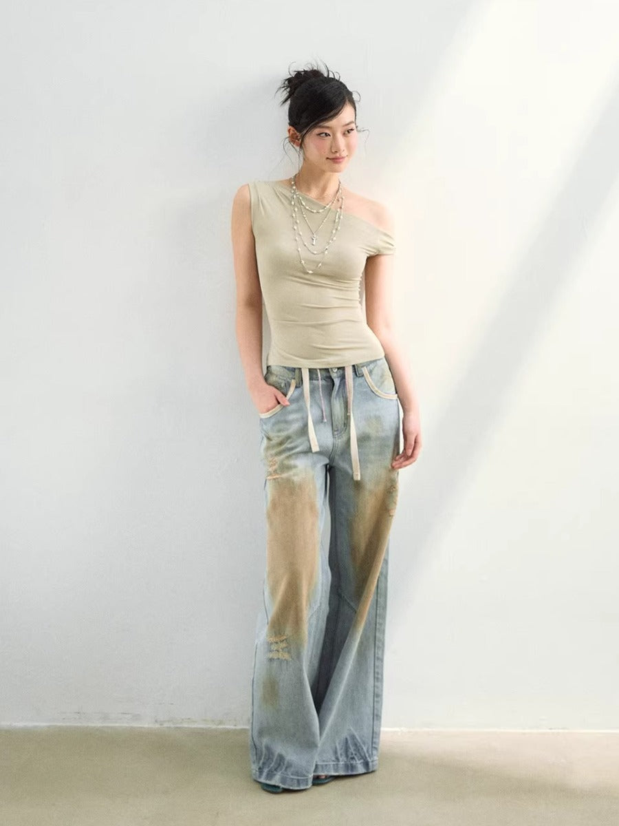 Washed Distressed Denim Pants