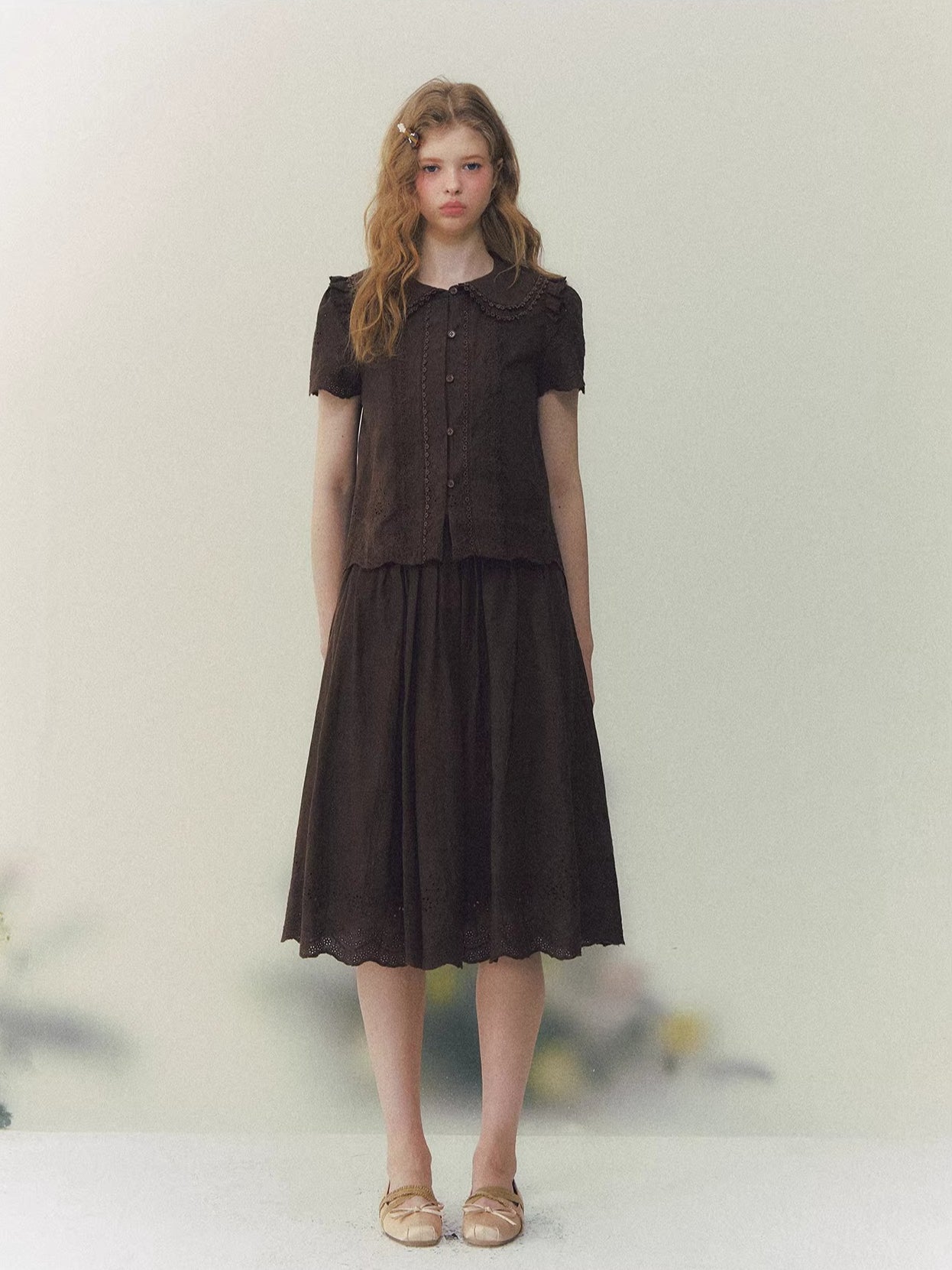 Brown Doll Collar Blouse & Skirt Set