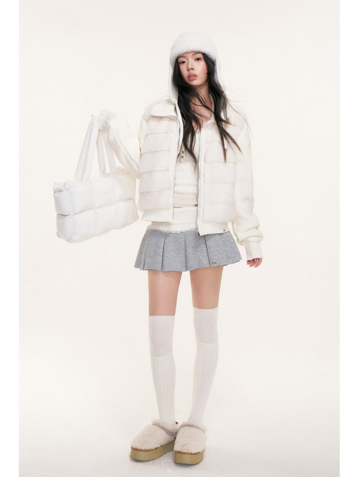 Faux Fur Knit Sleeve Down Jacket