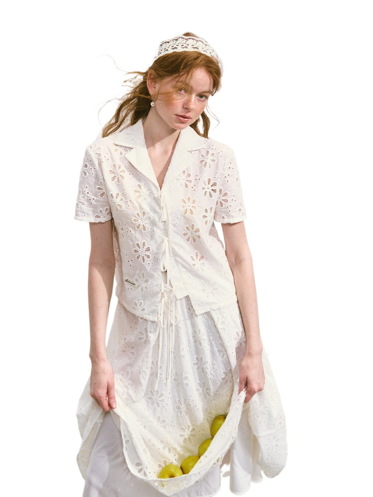 Hollow-out Flower Tie-up Short-Sleeve Top & Skirt Set