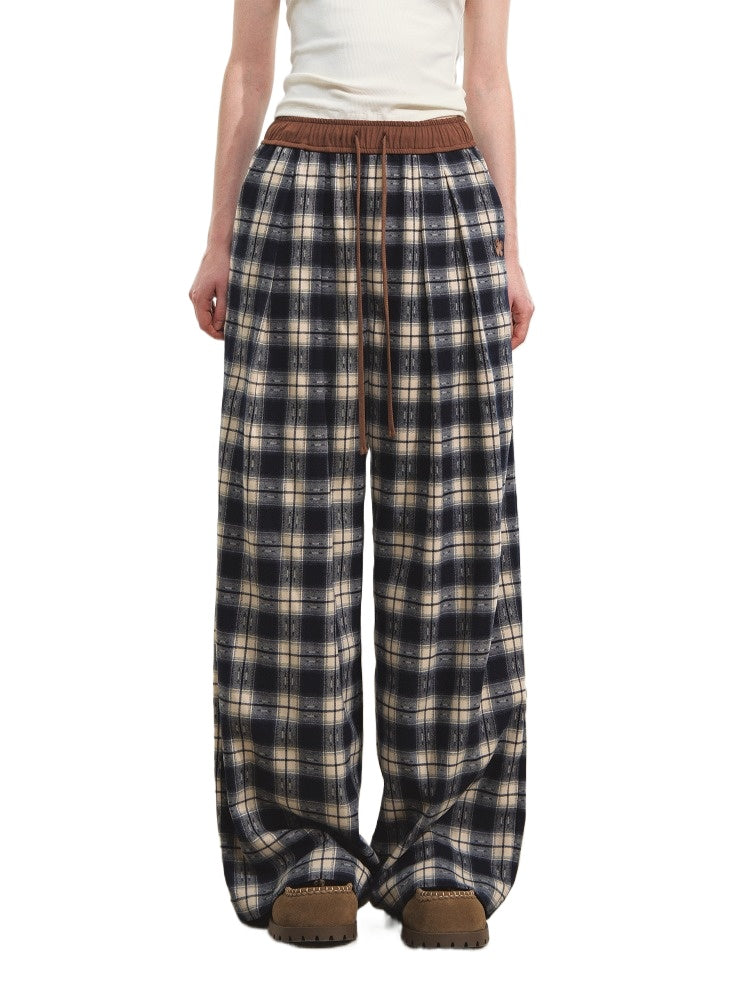 Blue Relaxed Plaid Wide-Leg Pants
