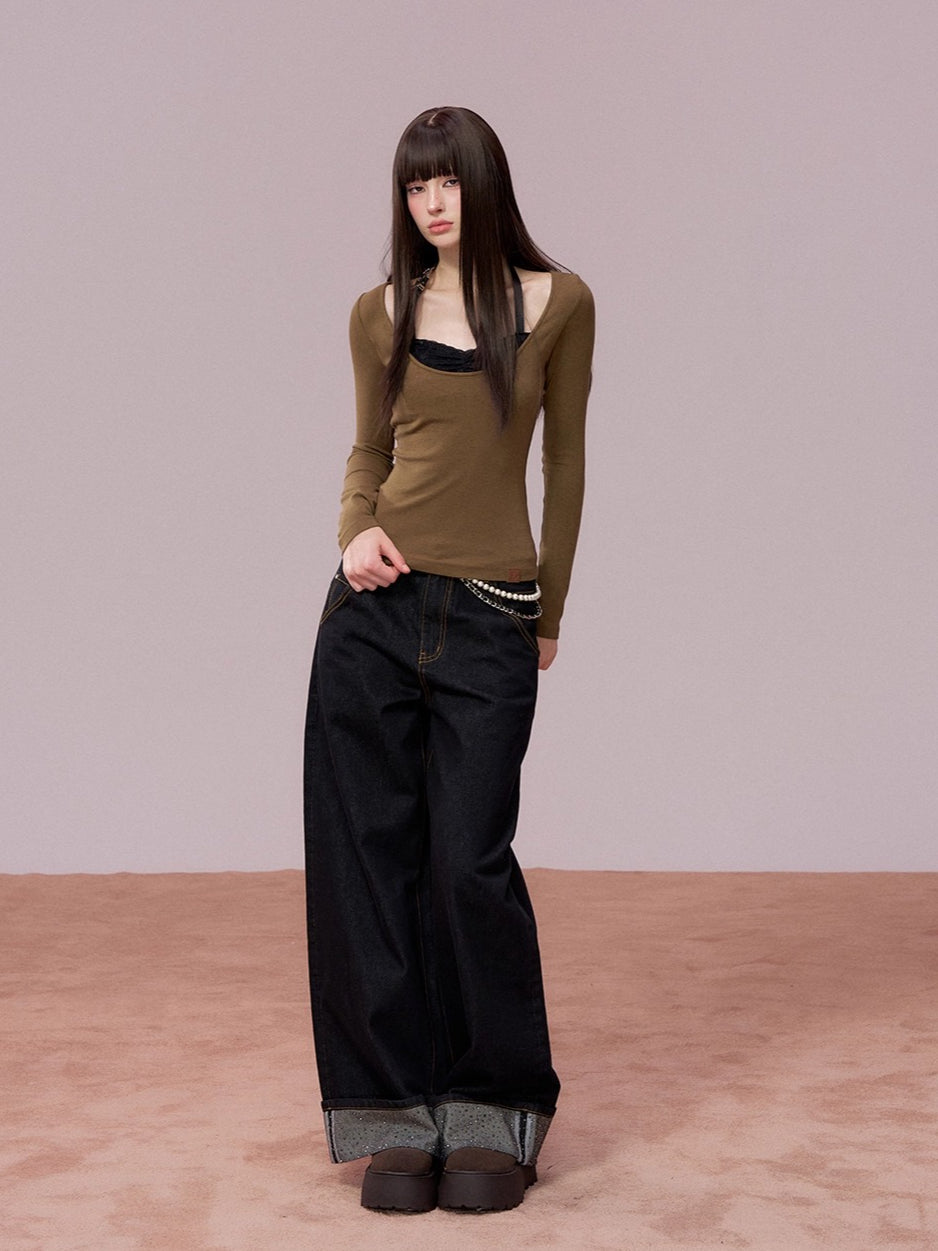 Lace-Panel Contrast Knit Top