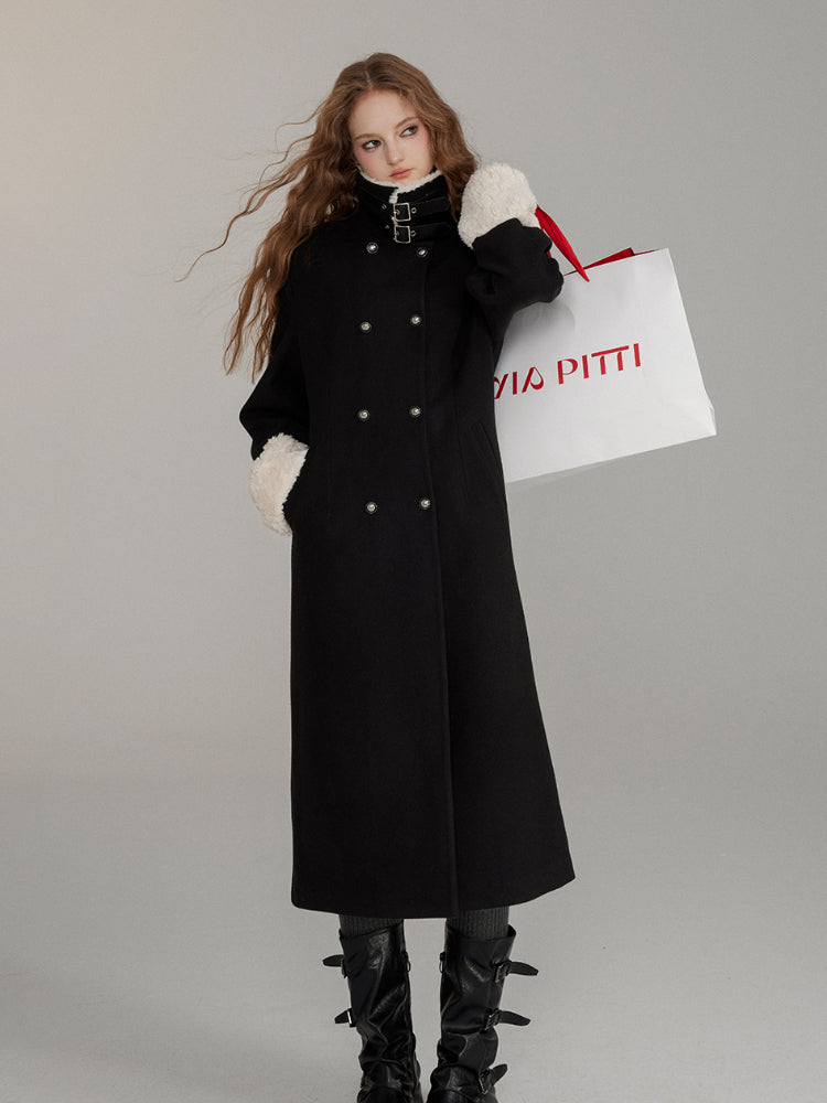 Wool Fleece Trim Long Coat