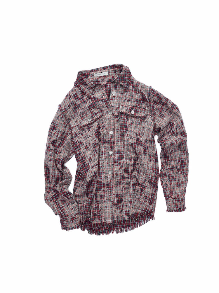 Washed Plaid Frayed-Edge Fitted Shirt