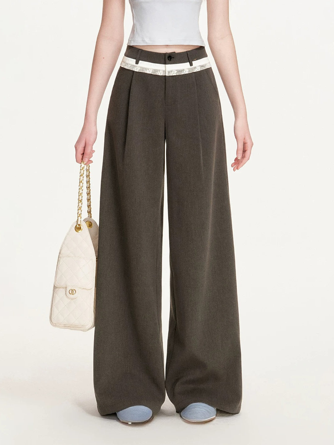 Gray Lace Waist Wide Pants