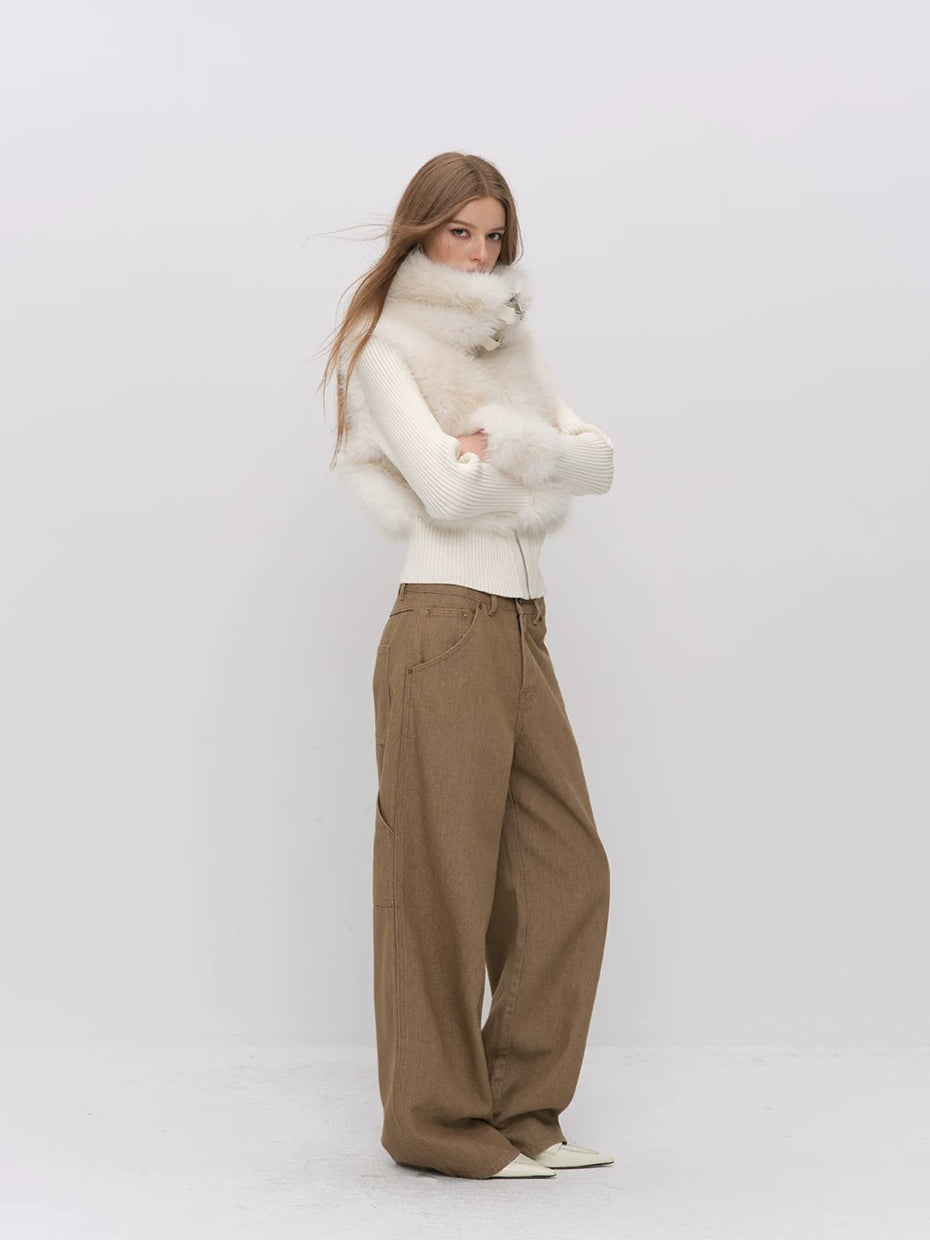 Faux Fur Patchwork Fitted Knit Jacket
