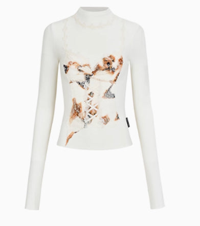 Off-white & Black Lace Splice Mock Neck T-shirt