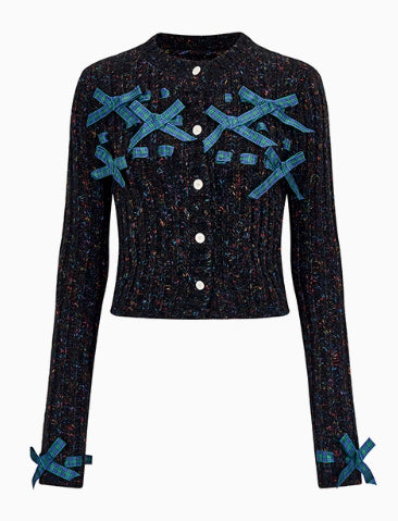 Red & Black Bow Decorated Knit Cardigan