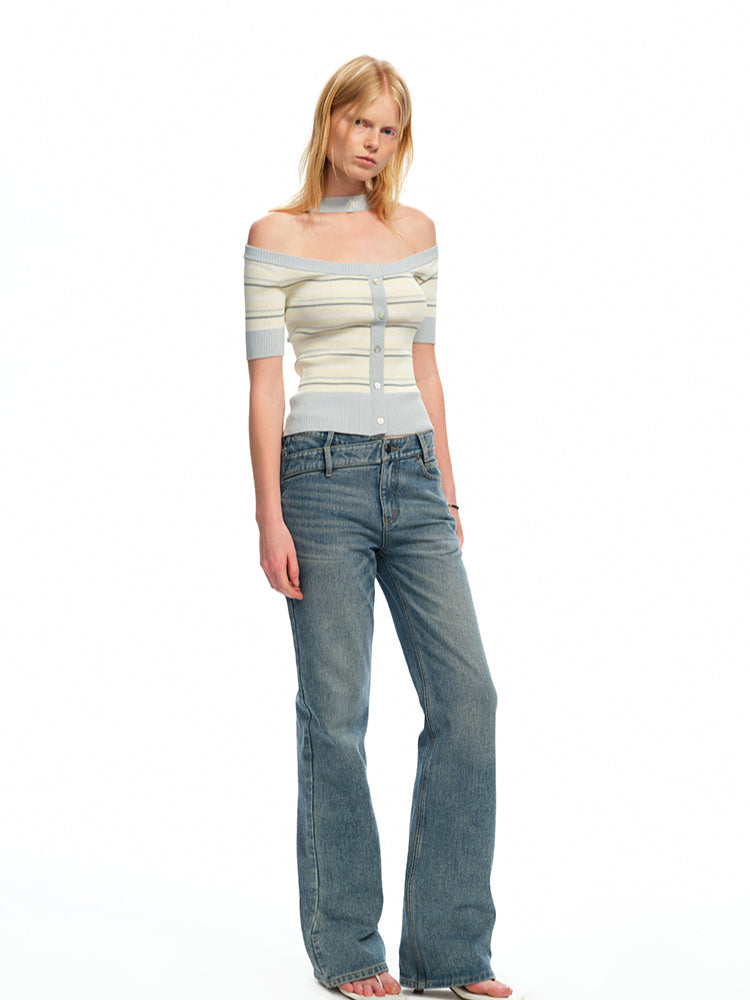 One-Shoulder Halter Neck Color-Block Striped T-shirt