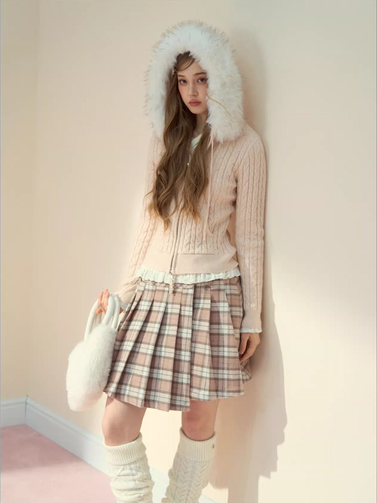 Detachable Fur Collar Blush Zip-up Knit Cardigan