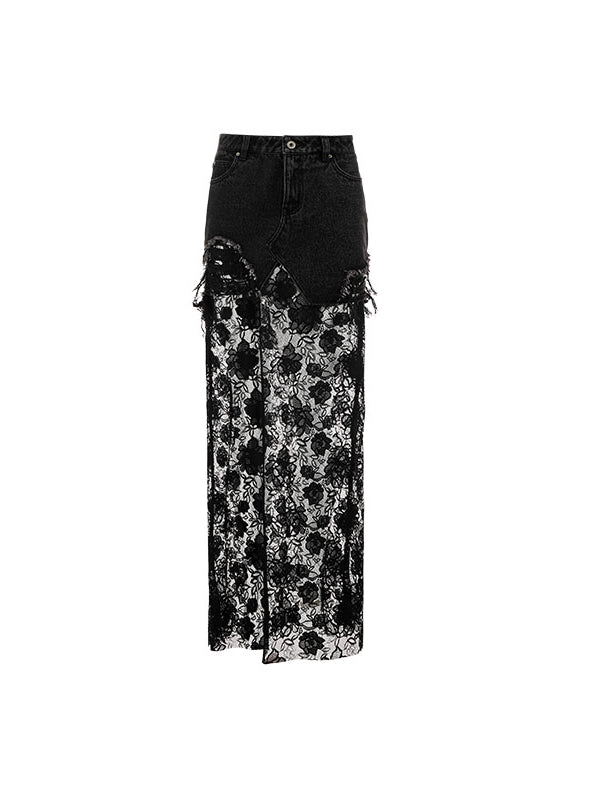 Black & Blue Lace Panel Denim Maxi Skirt