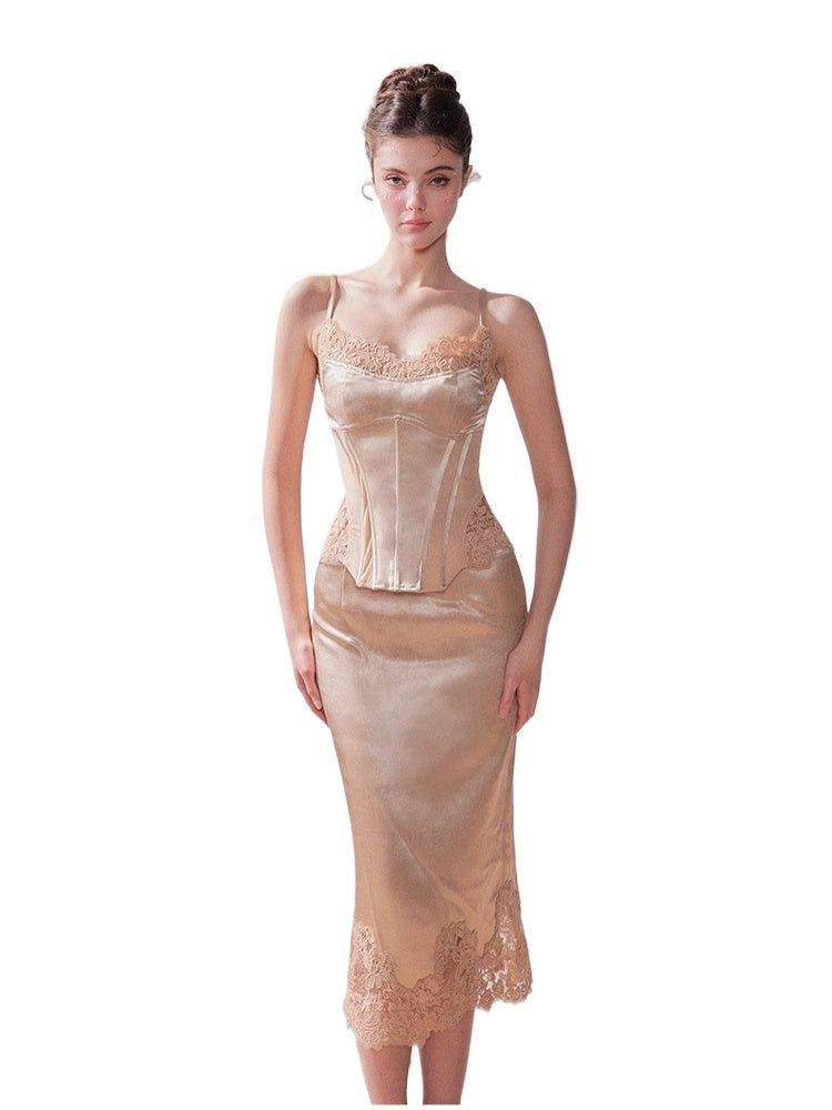 Lace Satin Boned Embroidered Cami & Skirt Set