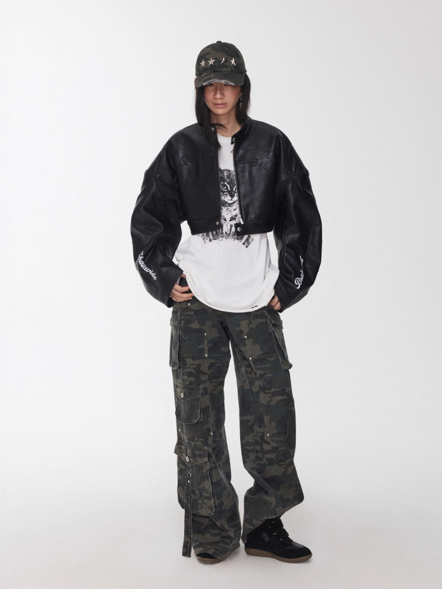Letter Print Structured Cropped Moto Leather Jacket