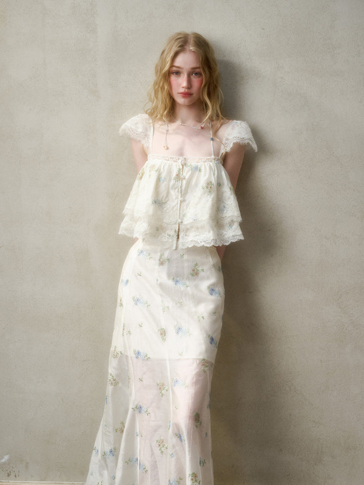 Lace Embroidery Flower French - Style Shirt & Skirt Set