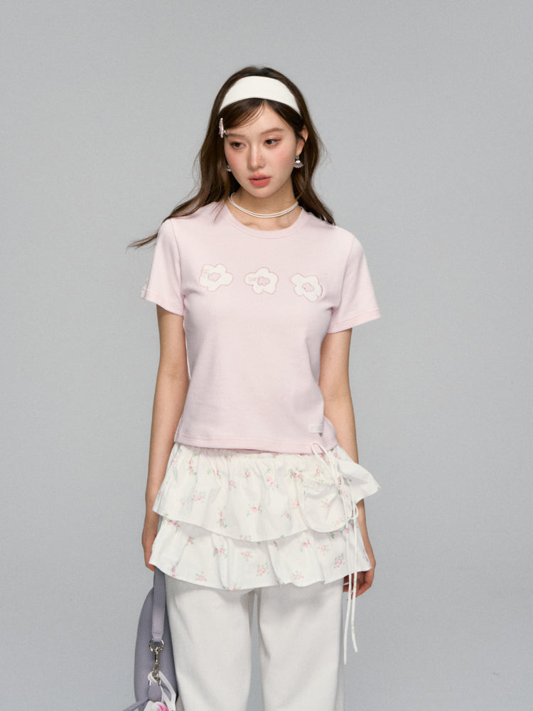 Floral Drawstring Pocket Multi-Layered Cake Skirt