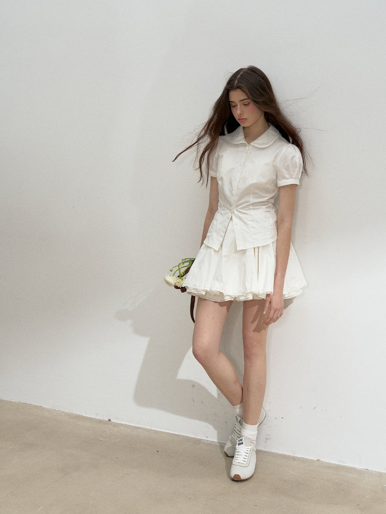 Cotton Lace Embroidered Collar Shirt & Skirt Set