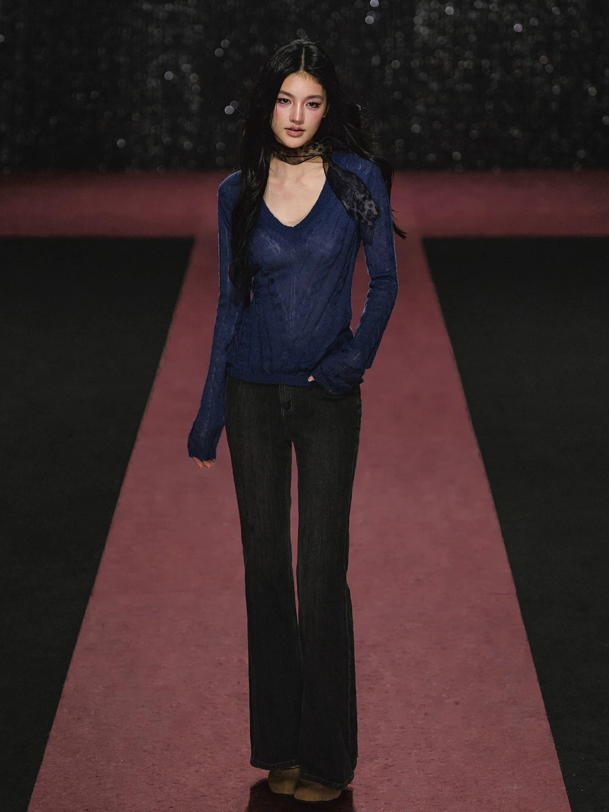Slightly Sheer V Neck Cable Knit Sweater