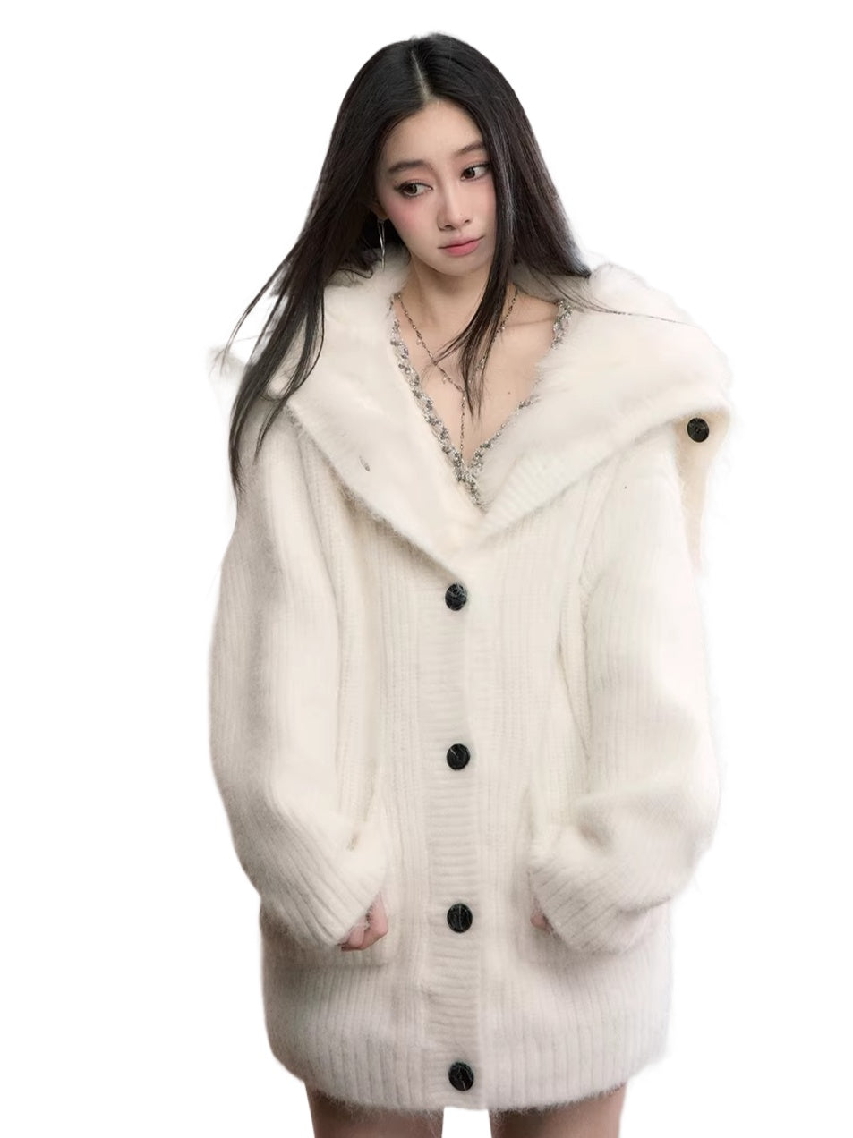 Fox Fur Large Notch Collar Cardigan