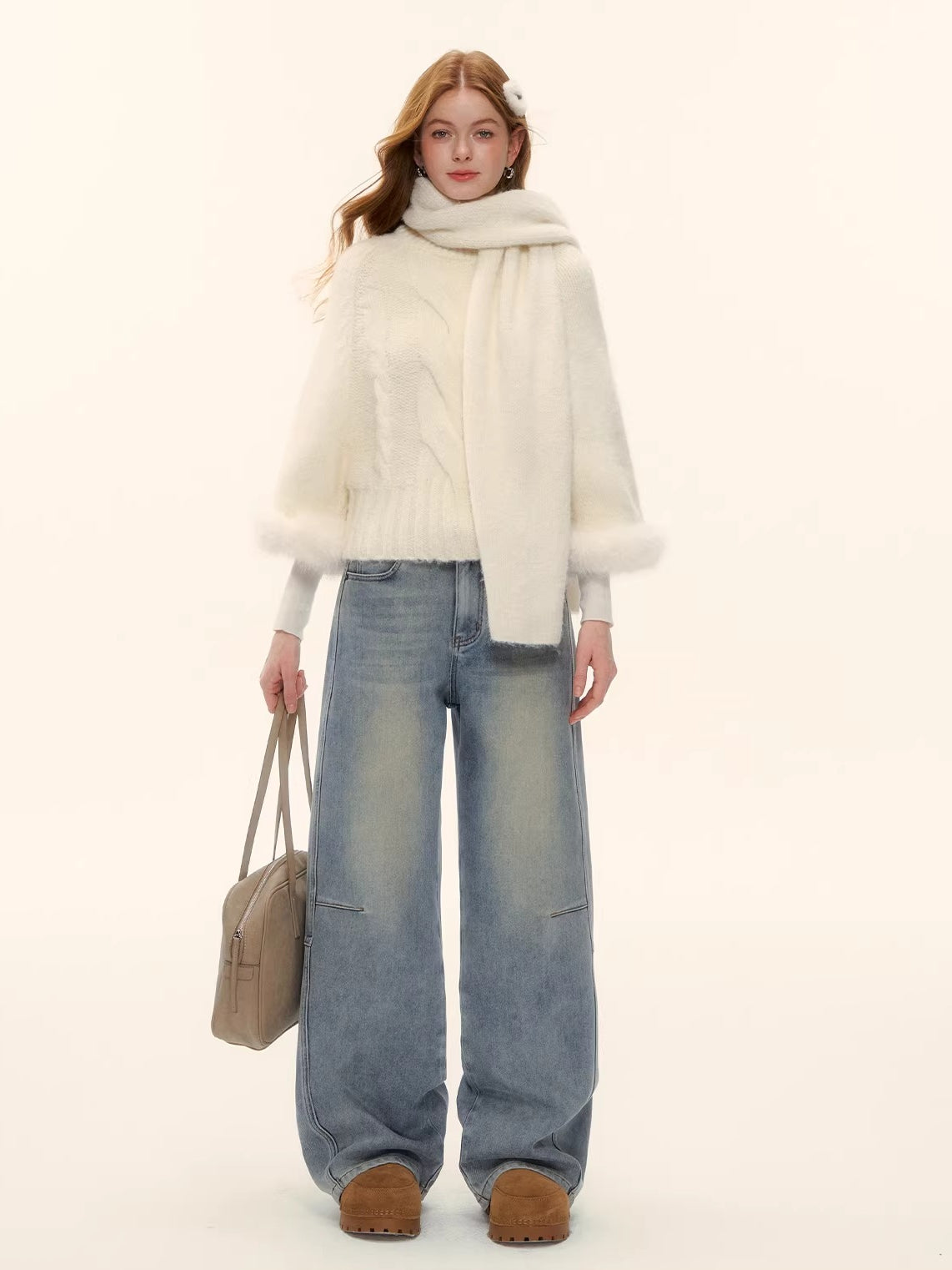 Wool-Blend Cable Knit Batwing Sweater Scarf Set