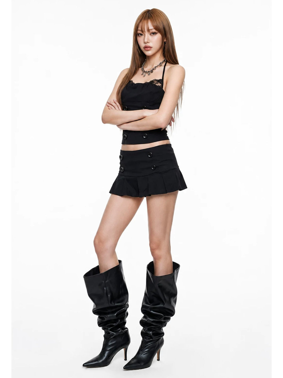 Black Halter Lace Trim Skirt Set
