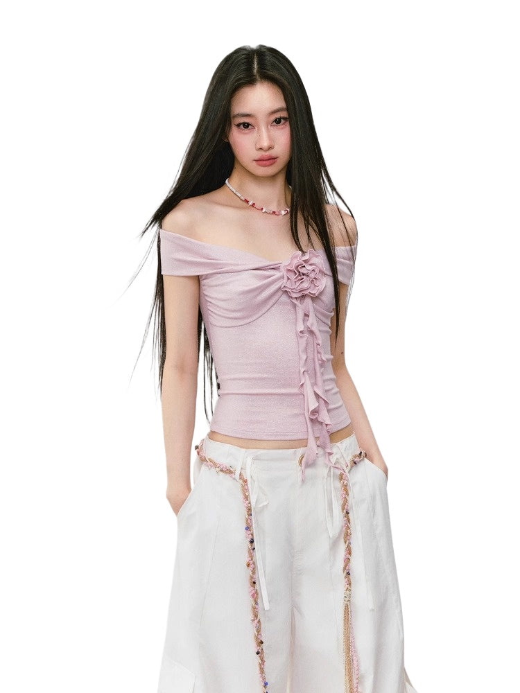 3D Rose One-shoulder Short-sleeve T-shirt