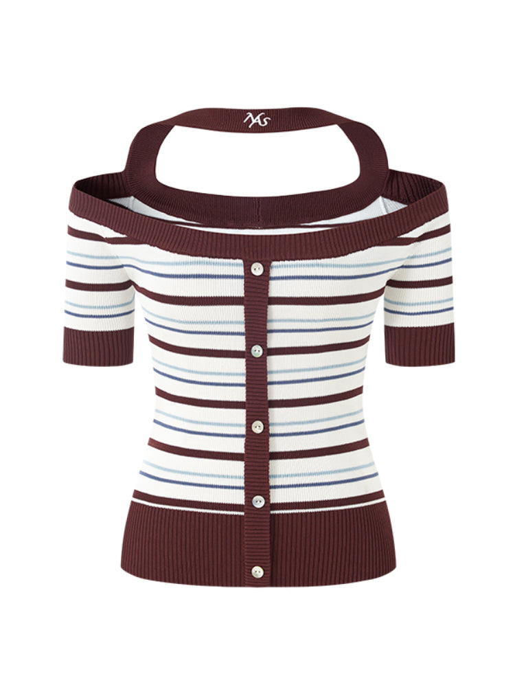 One-Shoulder Halter Neck Color-Block Striped T-shirt