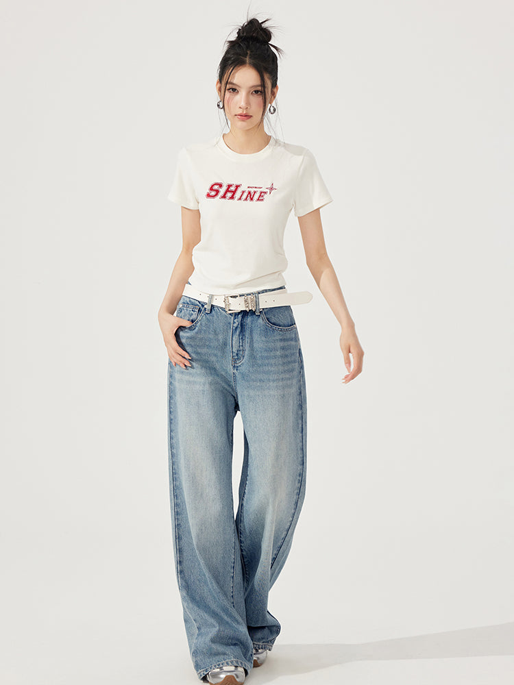 Letter Embroidered High-Elasticity T-Shirt