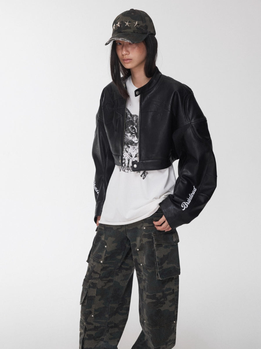 Letter Print Structured Cropped Moto Leather Jacket