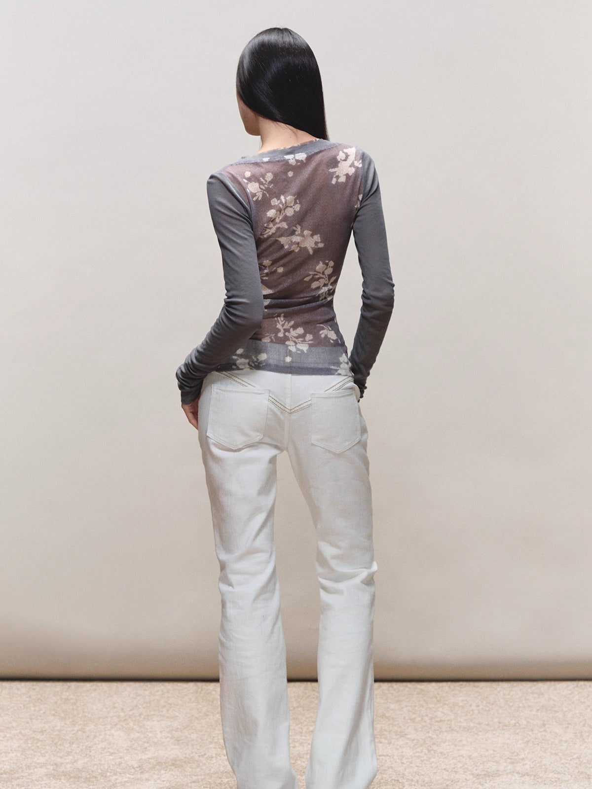 Sheer Print Open-Back Knit Top