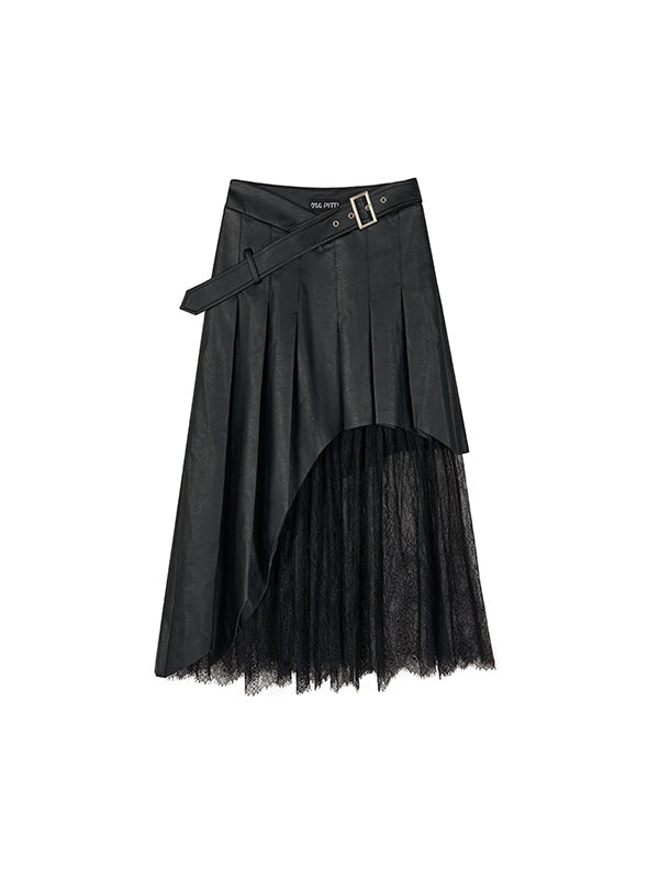 Coffee & Black Lace-paneled PU Leather Skirt