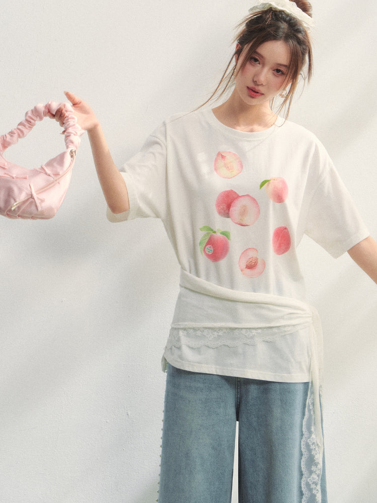 Fruit Print Lace-Trimmed Tie-Up T-shirt