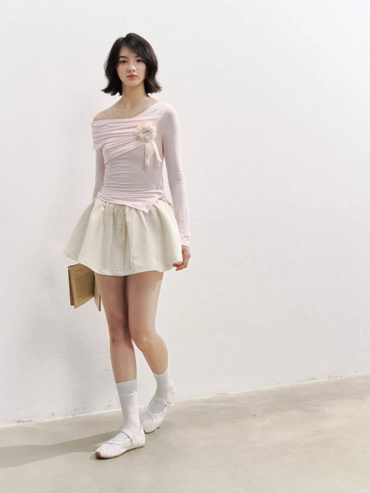 Asymmetric Shoulder Voluminous Ruched T-Shirt