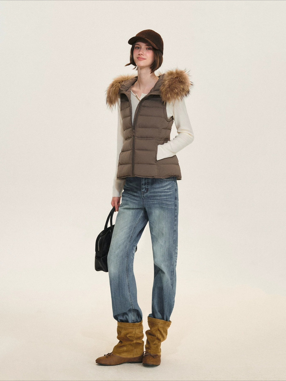 Detachable Fur Collar Waist-Fitted Down Vest